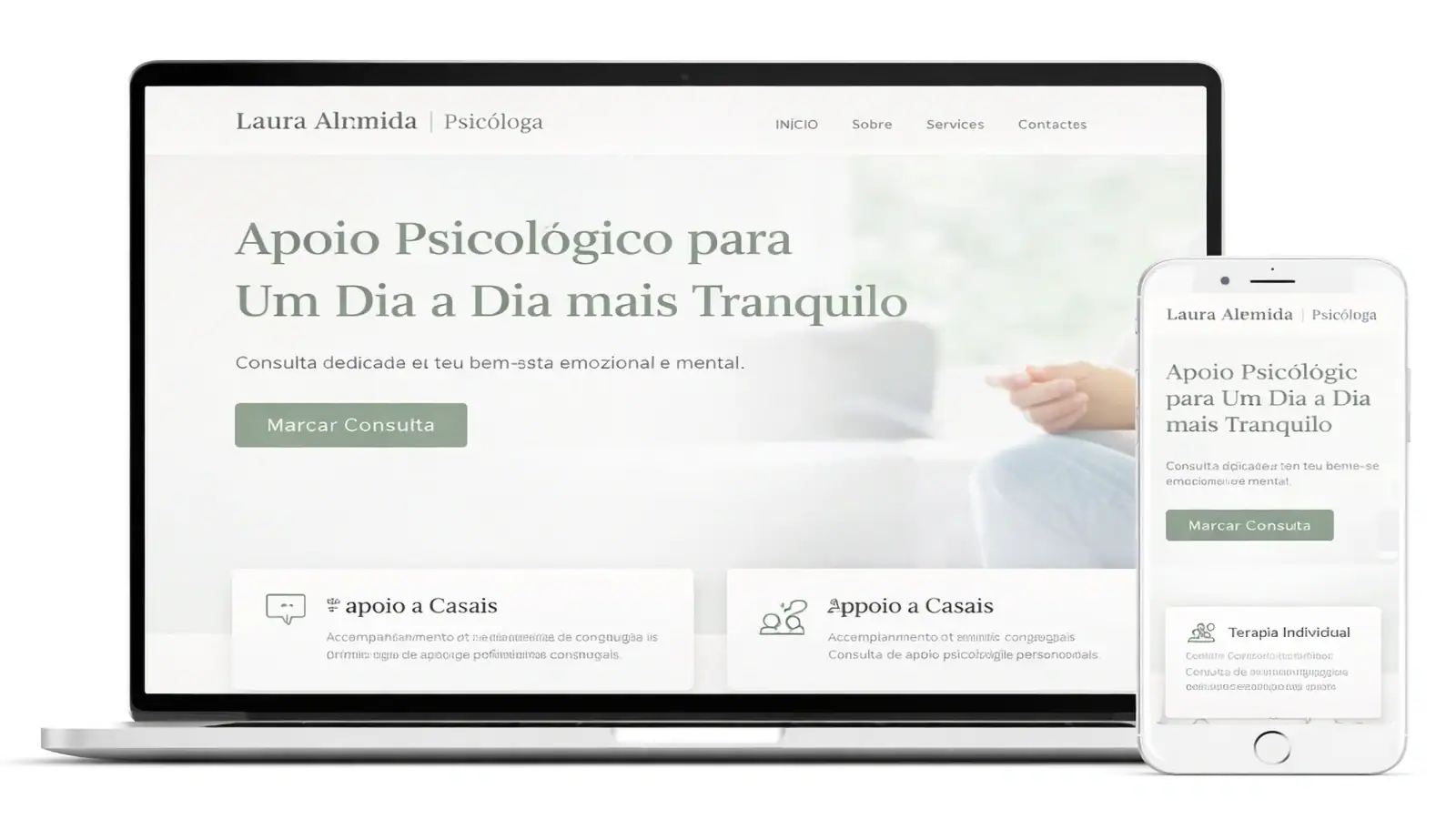 Exemplo de site profissional para psicóloga, apresentado em desktop e mobile, incluído na Presença Digital Essencial